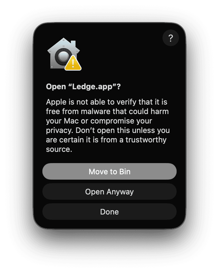 macOS asks whether to open Ledge. The Done button is highlighted.
