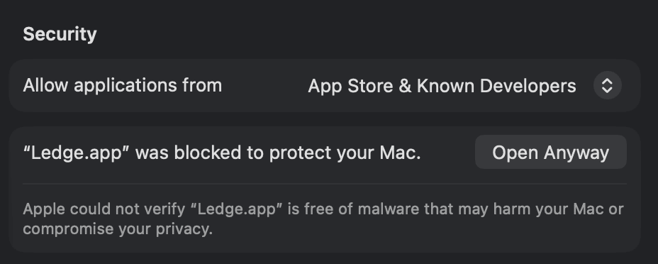 Privacy & Security settings with the Open Anyway button for Ledge highlighted.