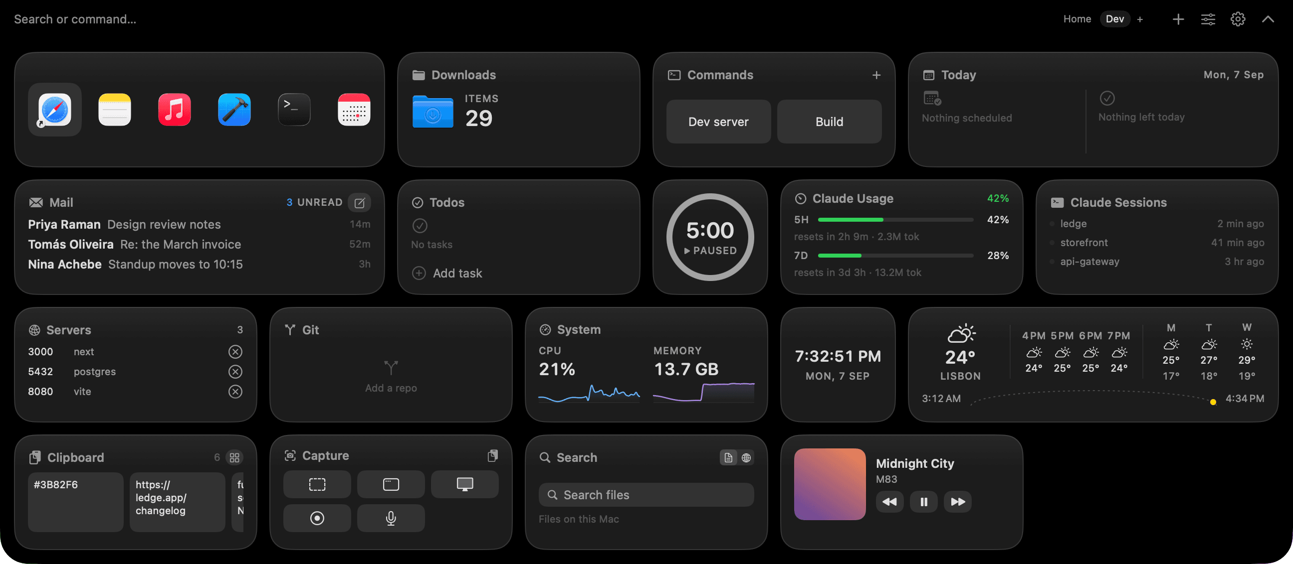 A second Ledge page in dark mode with a different set of widgets: system graphs, local servers, Git status and a clipboard.