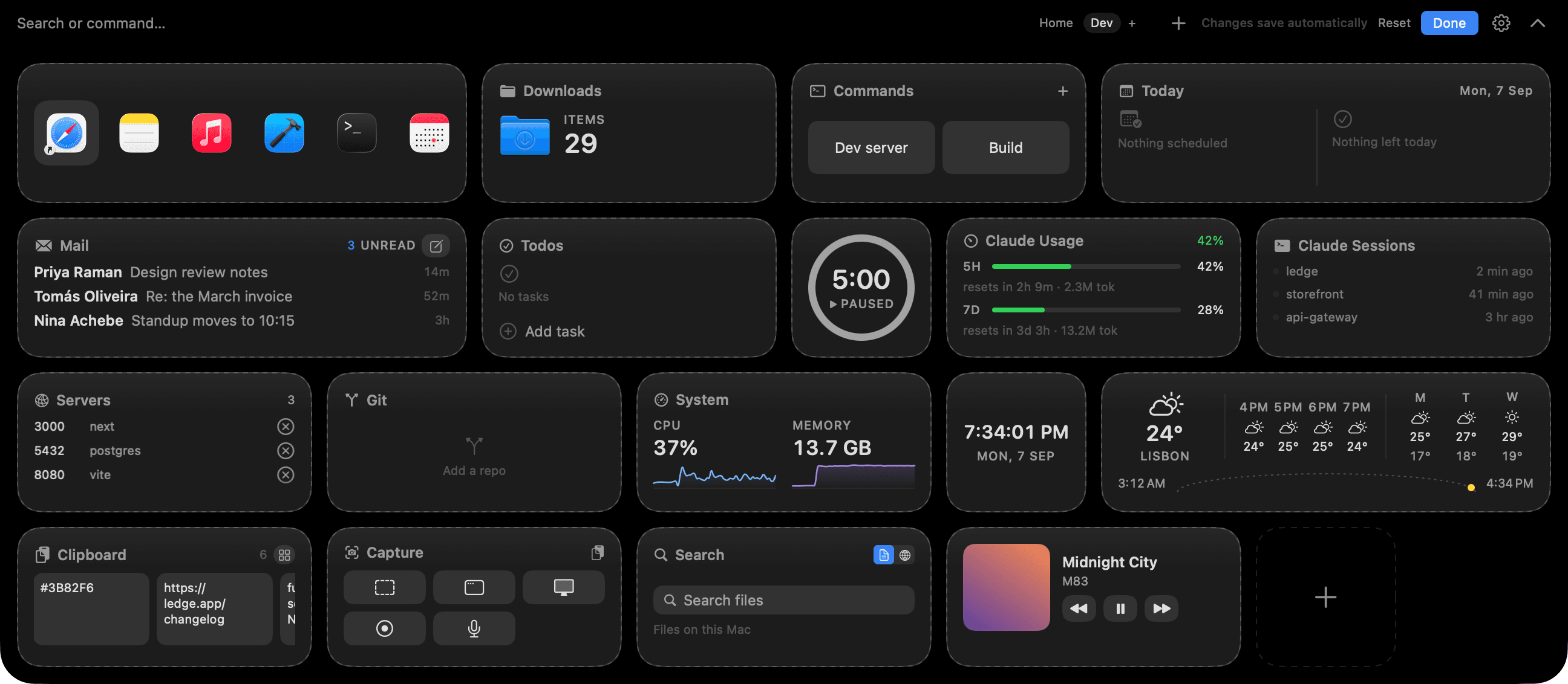 Ledge in edit mode, widgets showing drag handles and resize grips as they snap to the layout grid.