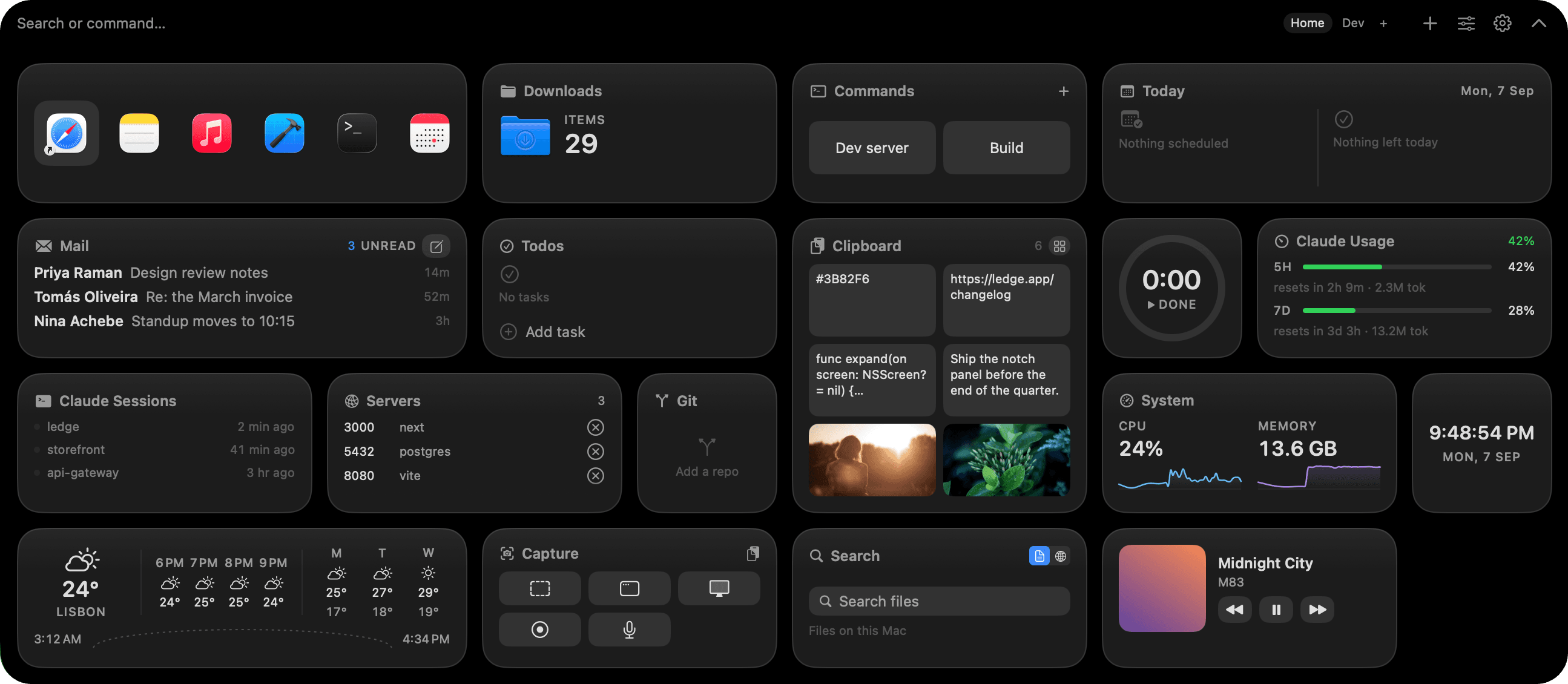 The Ledge Home page in dark mode: calendar, mail, reminders, world clocks and CPU widgets arranged in a grid.