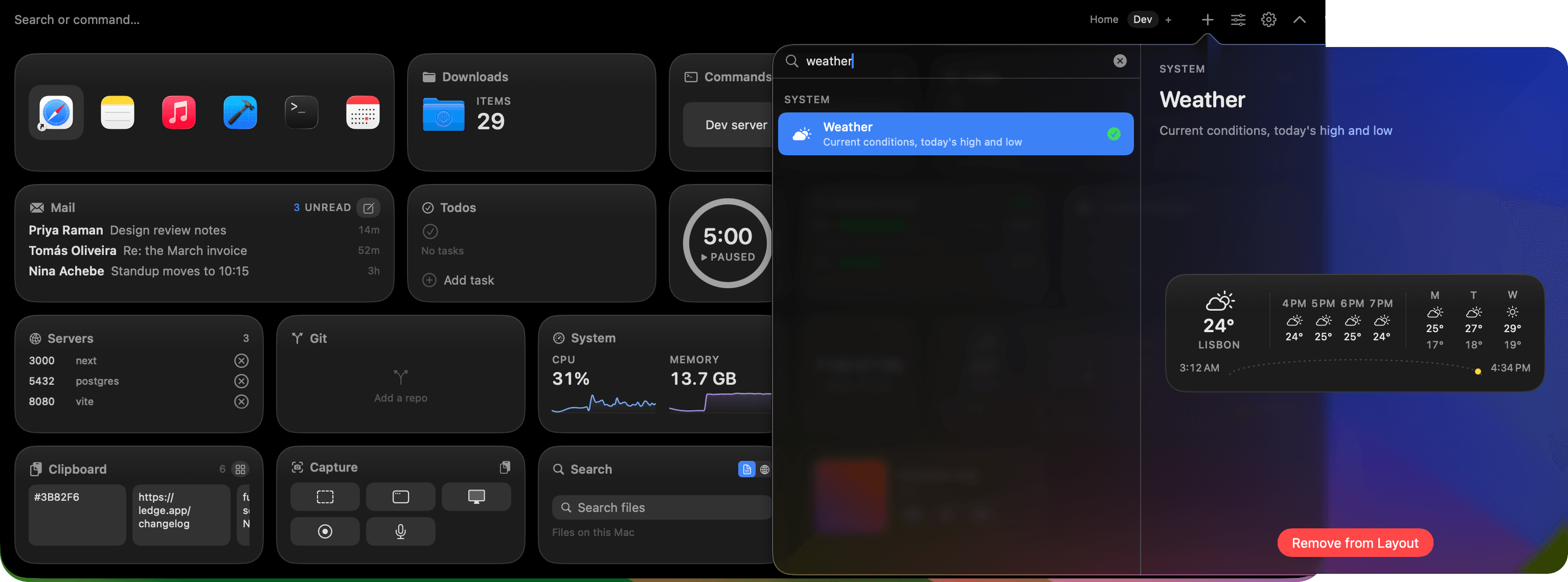 The Ledge widget picker, with a live running preview of the highlighted widget next to the list.